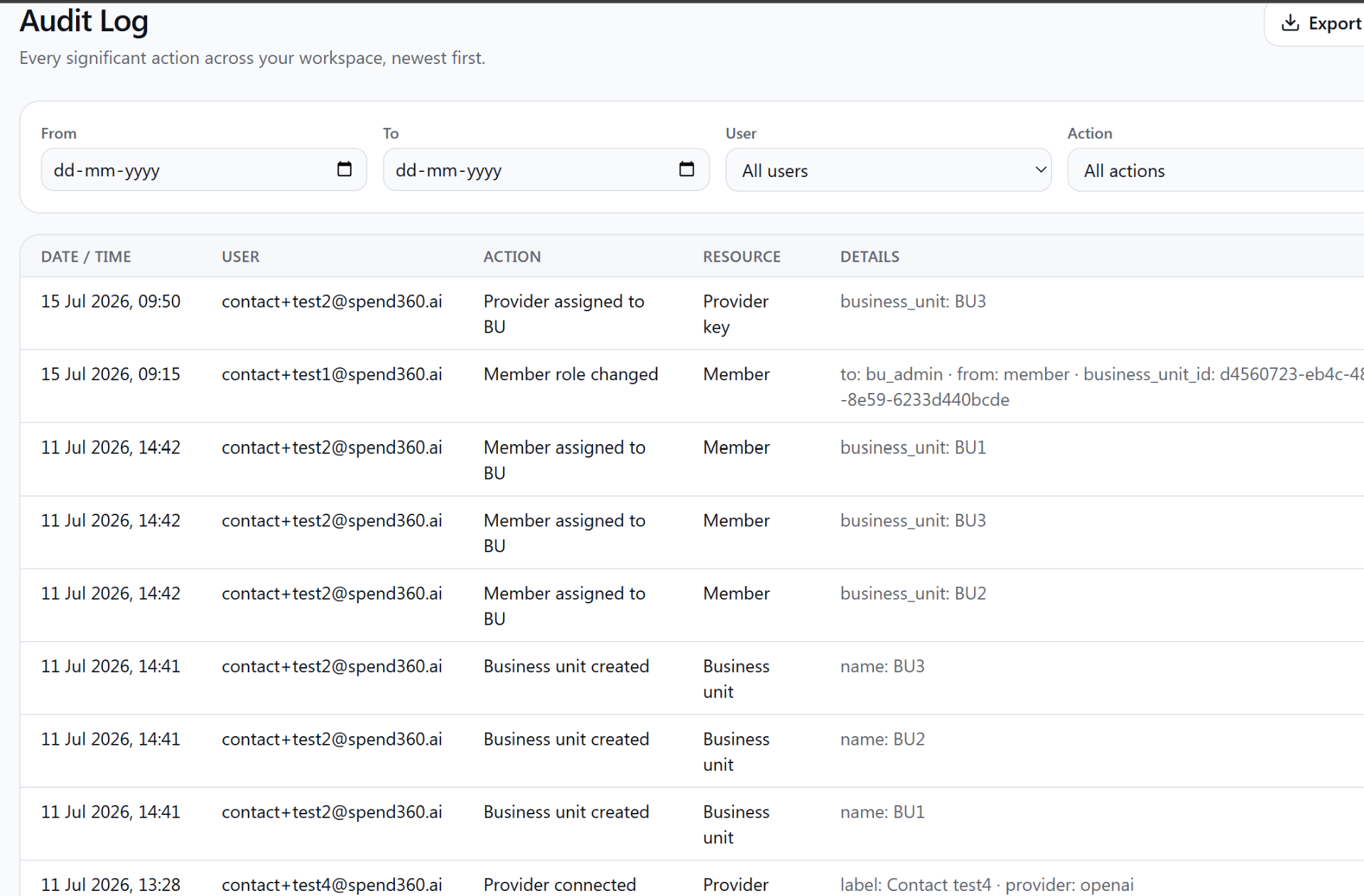 Spend360 Audit log view